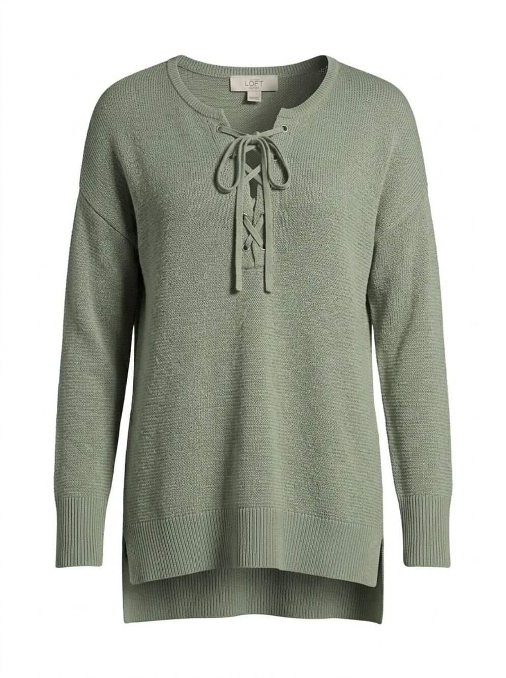 LOFT Outlet Linen Blend Sage Green Lace Up Knit Sweater Women Size M